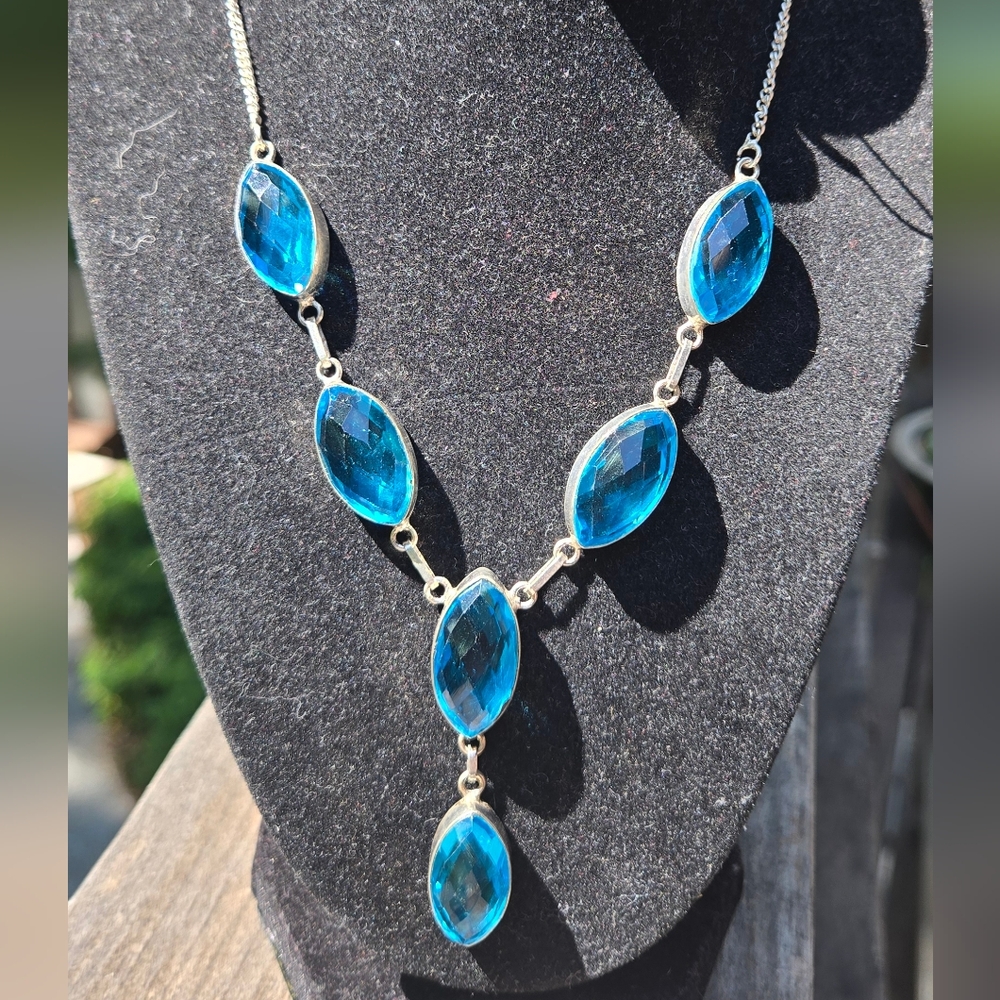 Blue Topaz Teardrop Beveled Necklace 18" Bracelet 10" Ring 4.5 Earring SET - Picture 10 of 11